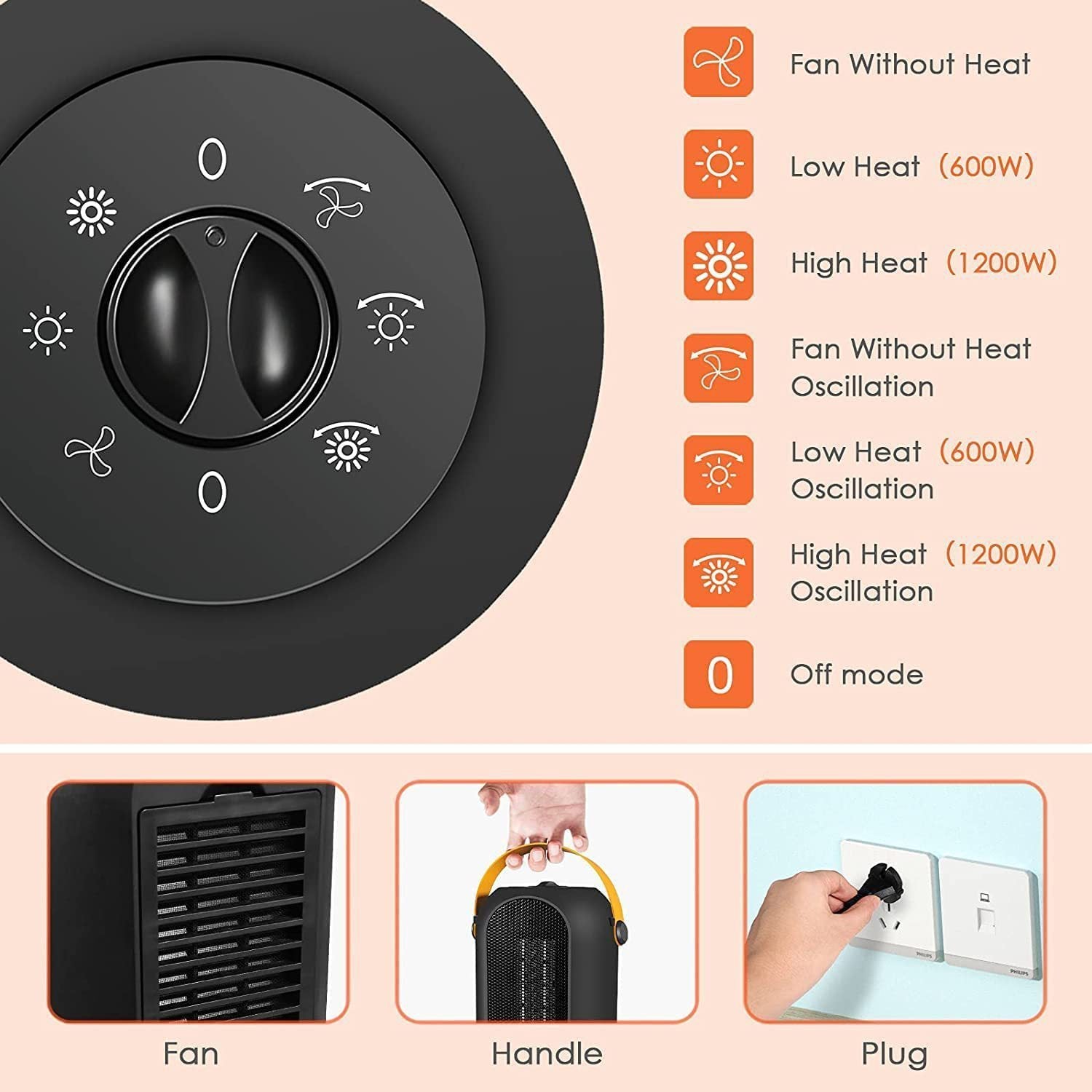 Chauffage d'appoint vertical oscillant avec bouton de commande