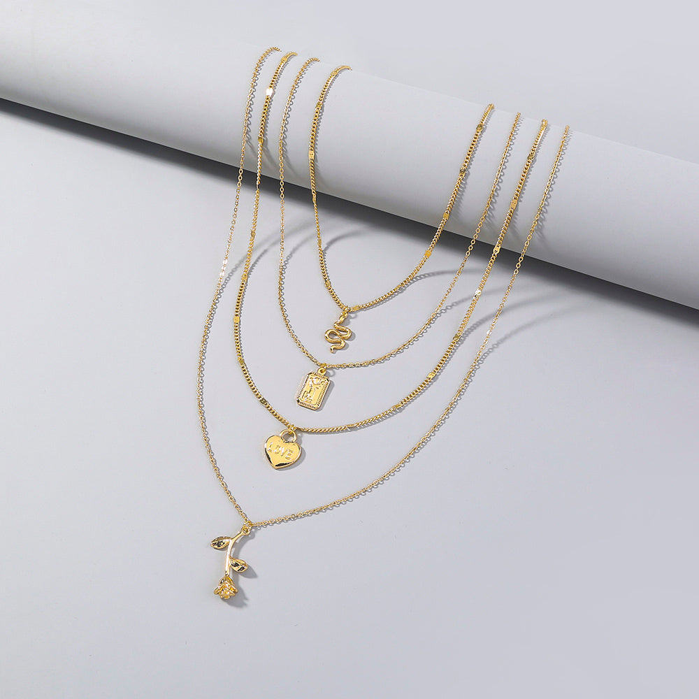 Creative multi-element rose pendant multi-layer necklace