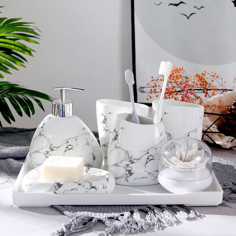 Marble Texture Ceramic Mouthwash Cup Bathroom Set