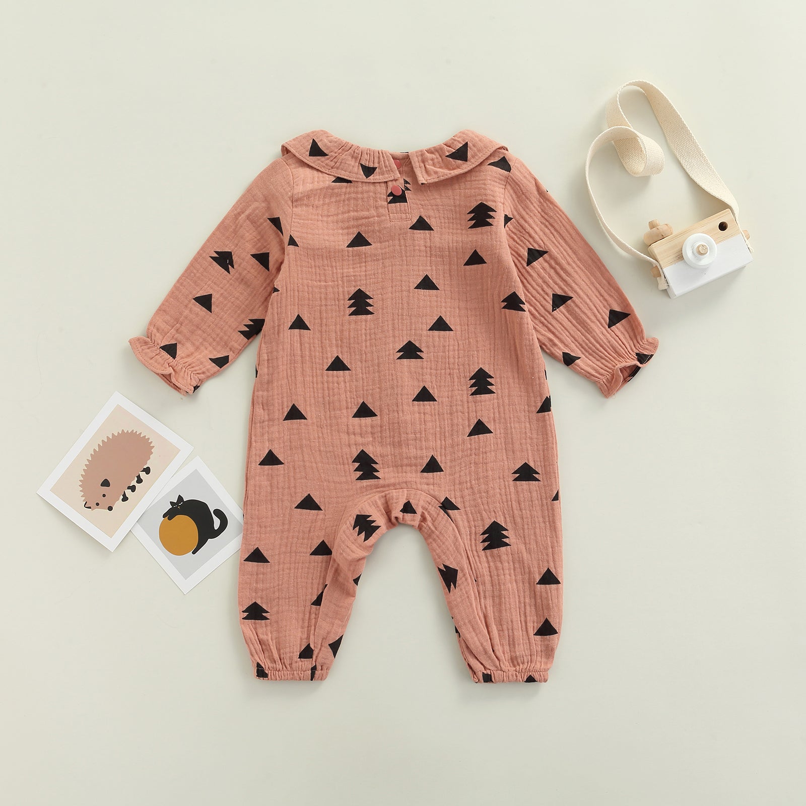 Printed Crew Neck Lace Long Sleeve Romper