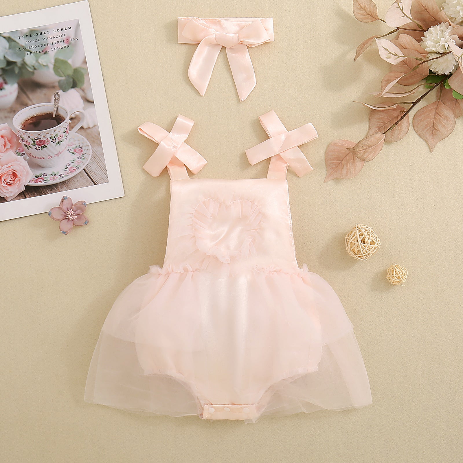 Baby Girl's Love Tulle Jumpsuit Headscarf Two-piece Set