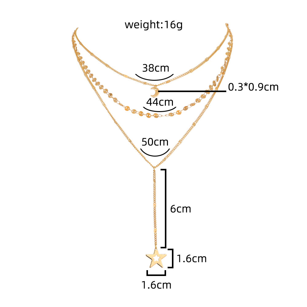 Copper Star, Moon, y-shaped multi-layer necklace