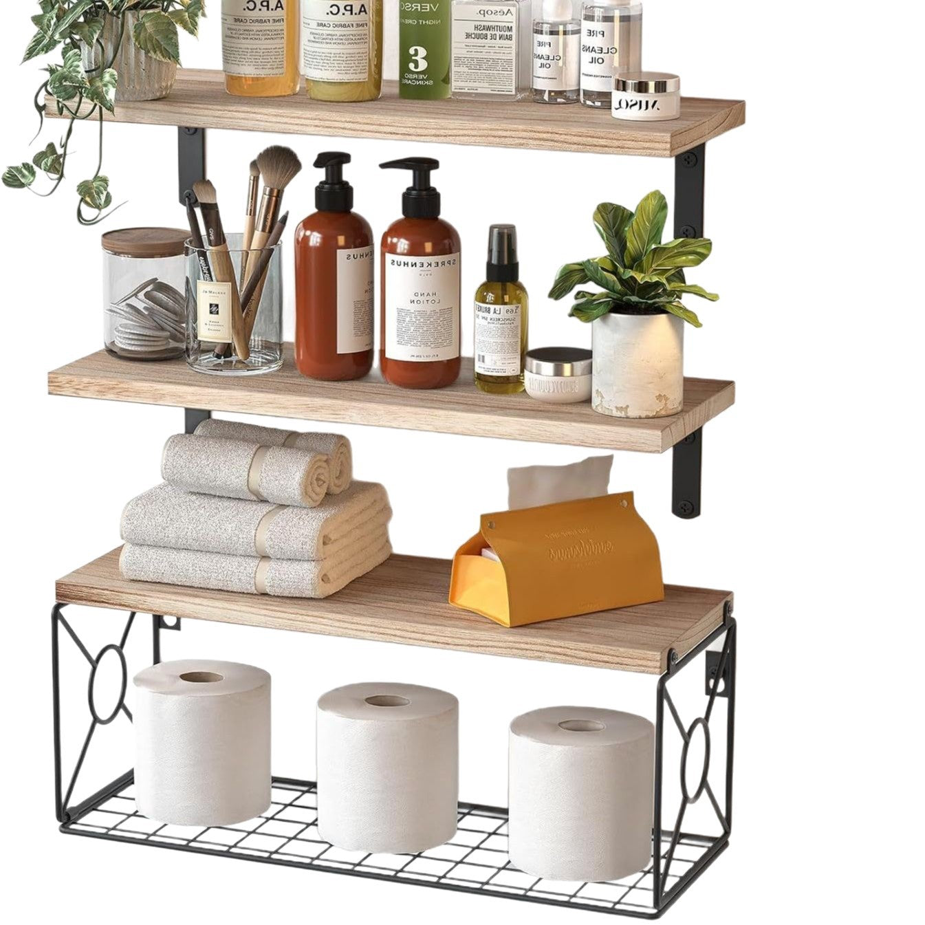 Wall-mounted Floating Rack With Storage Basket Wooden Bathroom Shelf