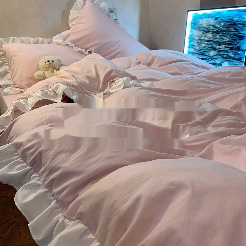 Quilt Cover Washed Cotton Four-piece Set Mori Style Bedding Solid Color Bed Sheet