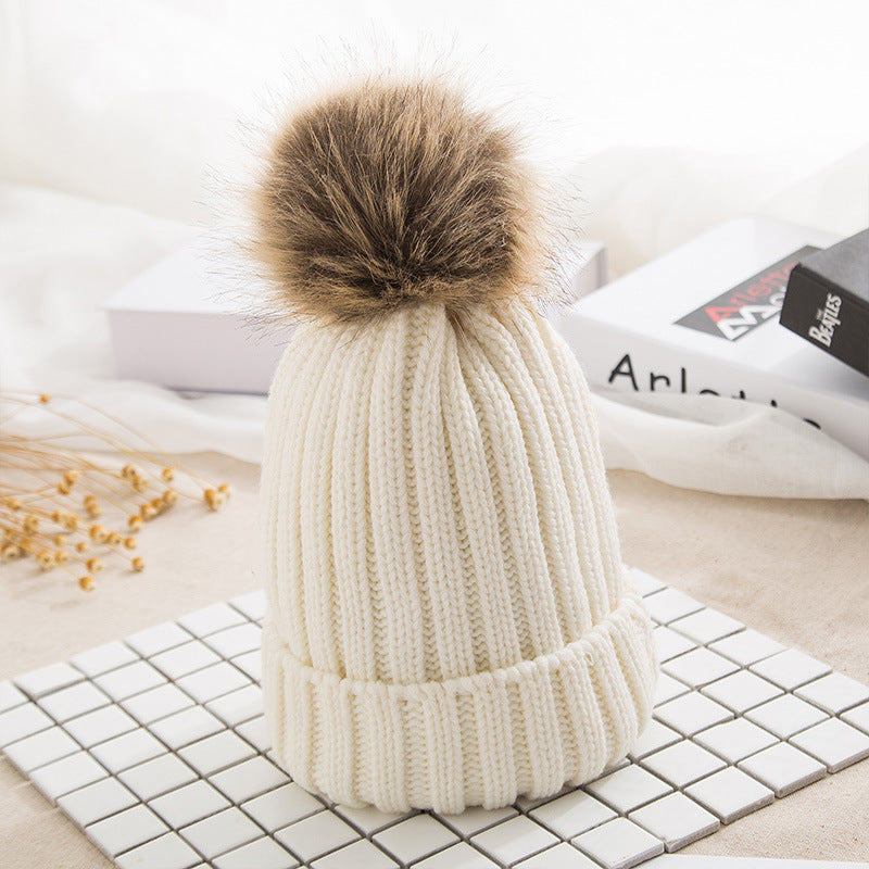 Thick Knit Hat Imitating Raccoon Fur Ball Warm Cap