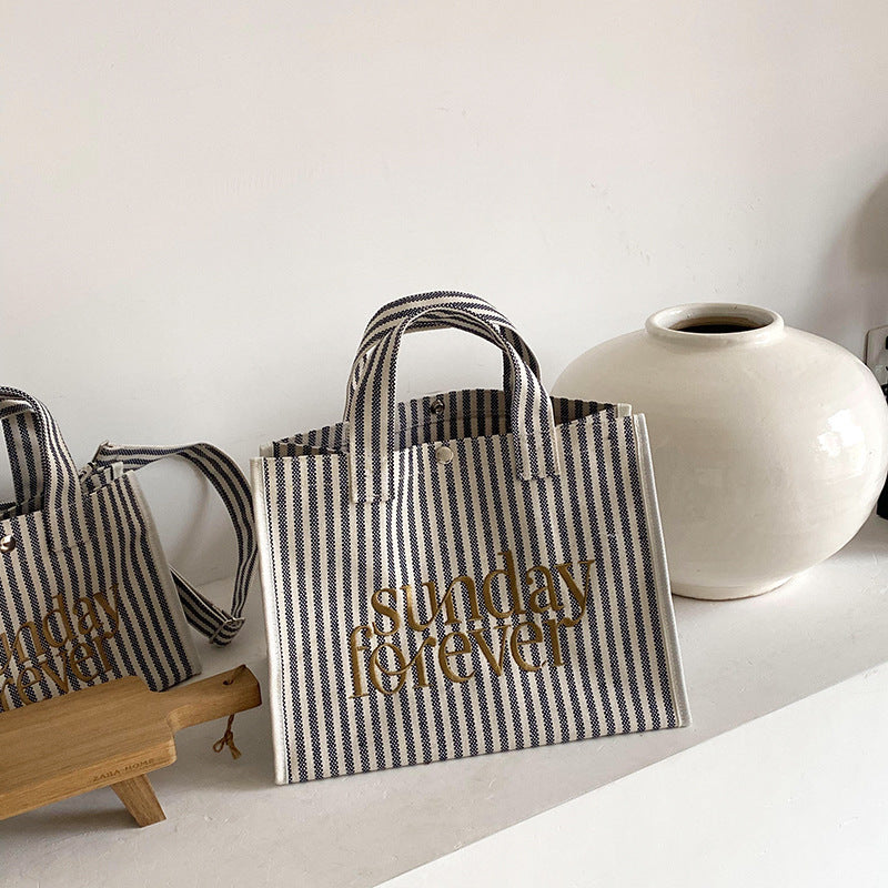 Large Capacity Tote Shoulder Bag Student Bag Striped Canvas Bag