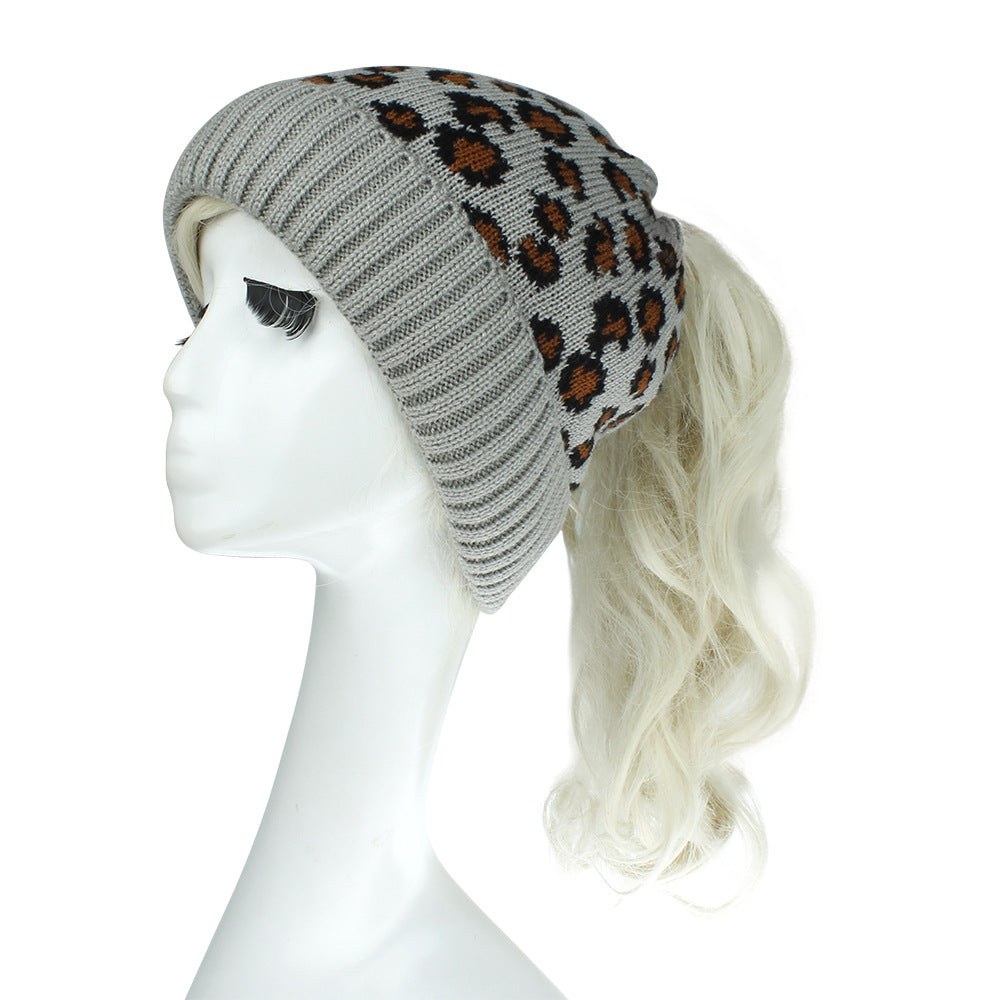 Warm And Fashionable Outdoor Leopard Print Knitted Ponytail Hat