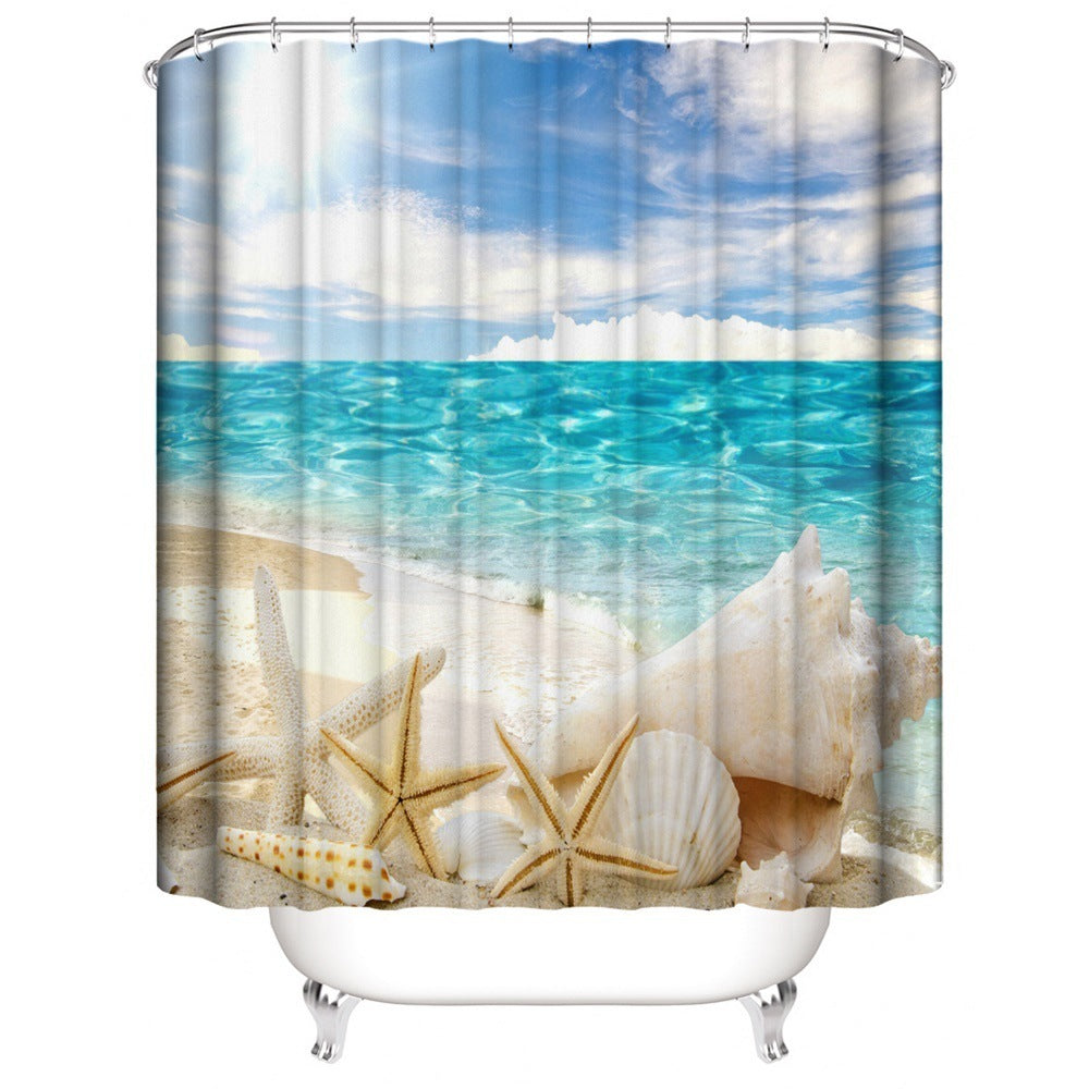 Beach Shell Printed Shower Curtain Carpet Bathroom Mat Four Piece Set