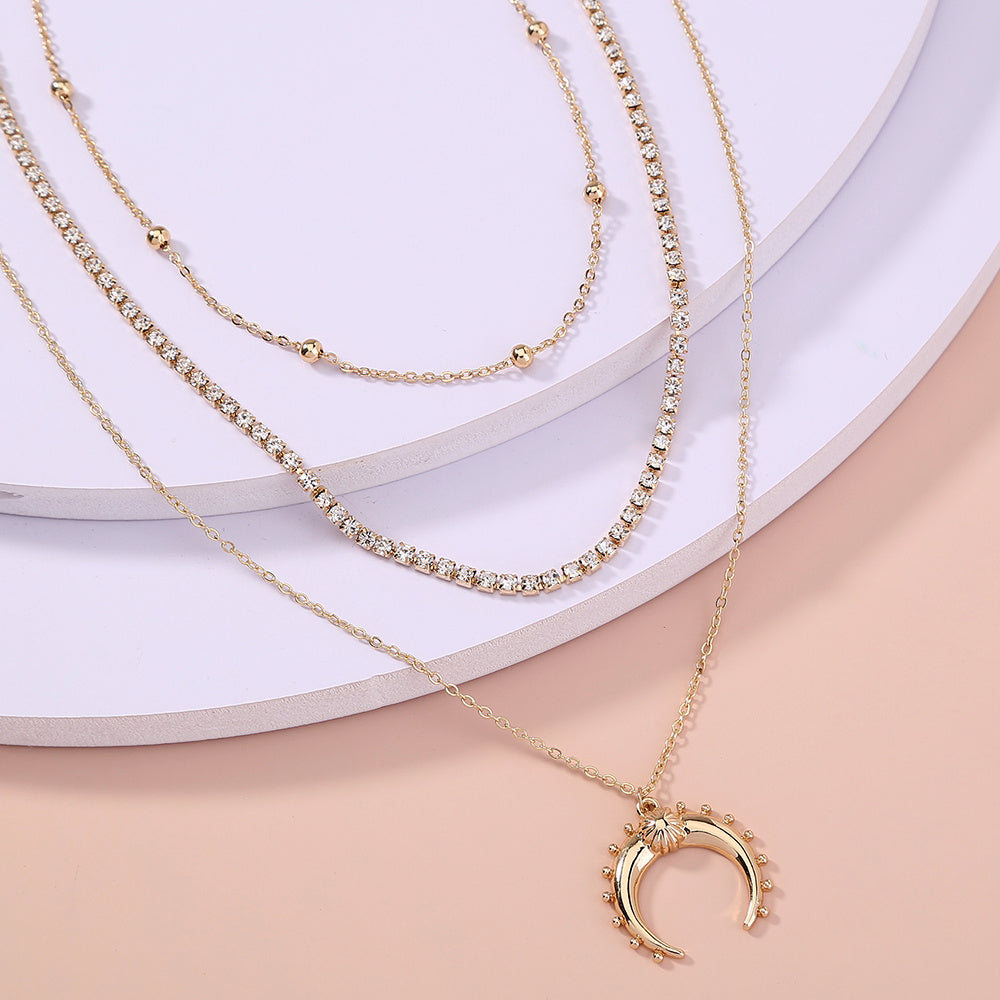 Multi-layer Retro Moon Horn pendant with exaggerated style and diamond necklace