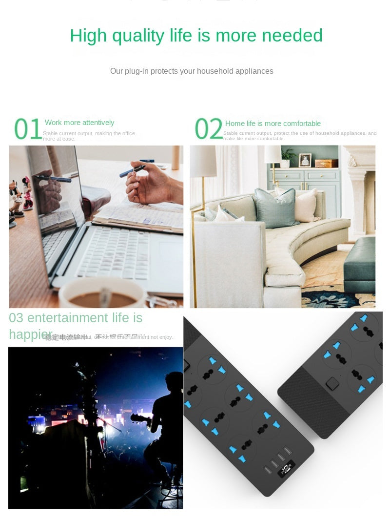 2024 New 3000W Power Strip With Built-in 4USB Interface, 6 Direct Power Sockets, 2M Cable, High-power Strip