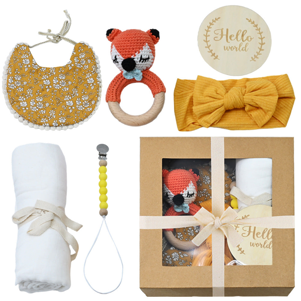 Baby Crochet Wooden Rattle Suit Birth Gift Box Fork Baby Newborn And One Month Old Gift