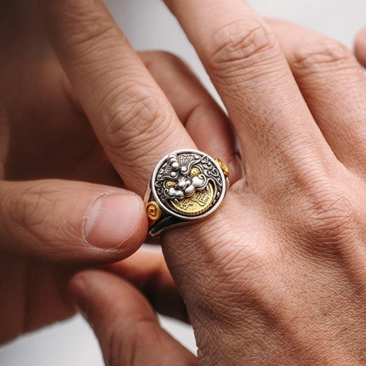 Bague Pixiu 3D en argent sterling pour hommes, style rétro avancé