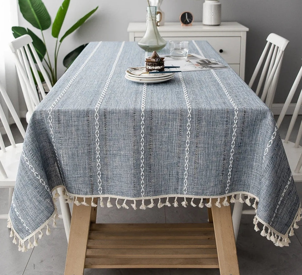 Cotton Linen Tablecloth Solid Color Hollow Striped Design Cover Cloth