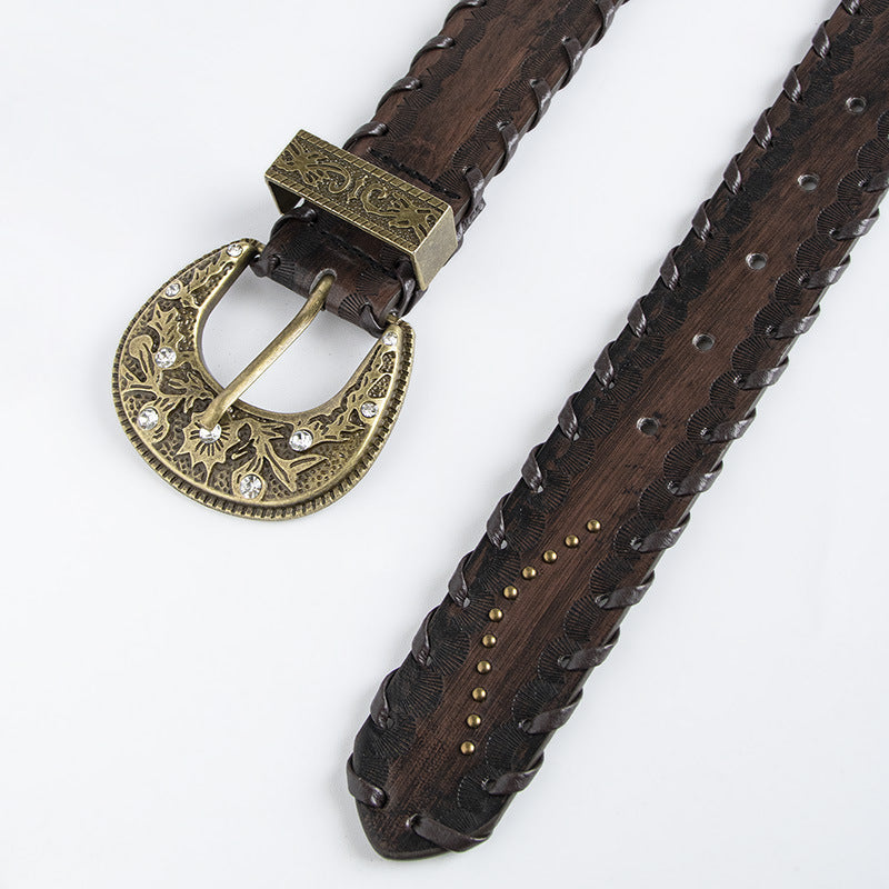 Ceinture marron gaufrée à rivets et surpiqûres vieillies pour femme