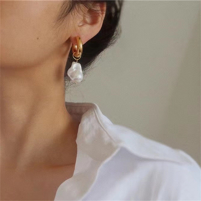 Baroque Pearl Earrings Women's Metal