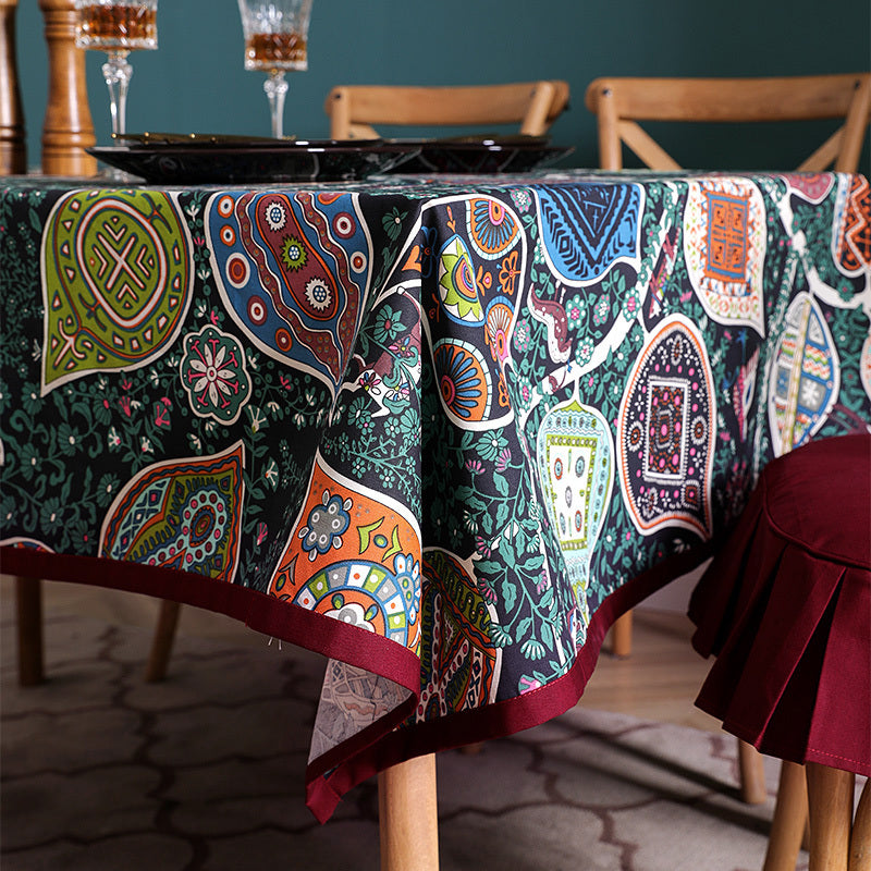Cotton Cloth Art Dark Green Flower Restaurant Rectangular Table Cloth Tablecloth