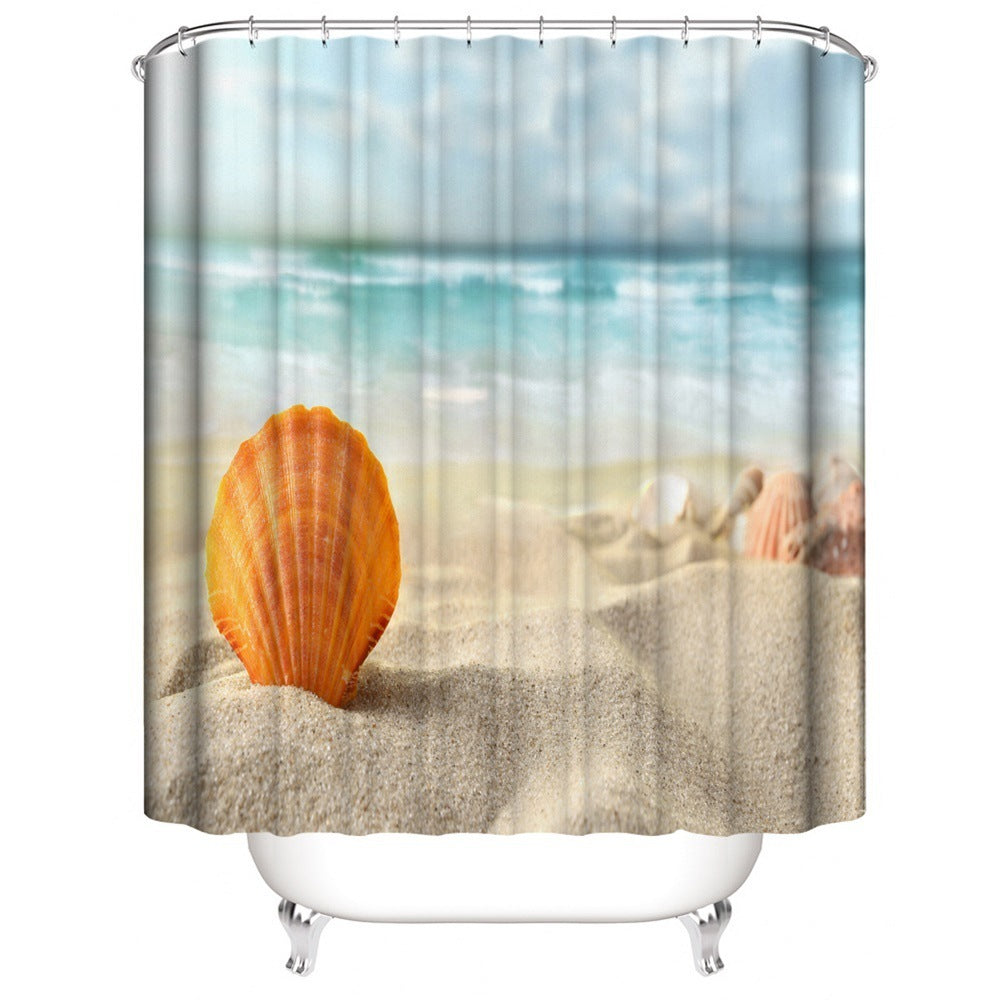 Beach Shell Printed Shower Curtain Carpet Bathroom Mat Four Piece Set