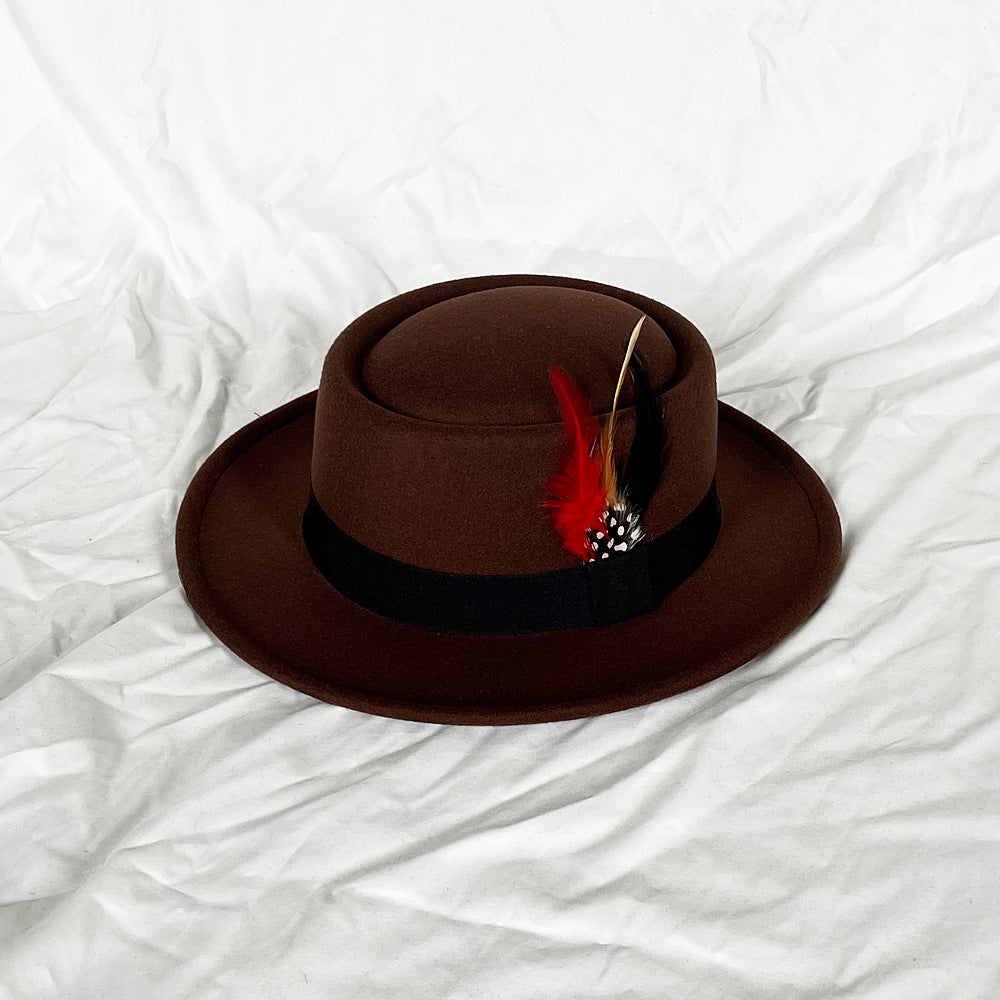 Feather Top Hat Small Flat Top Men's Felt Cap Old White Hat Top Hat