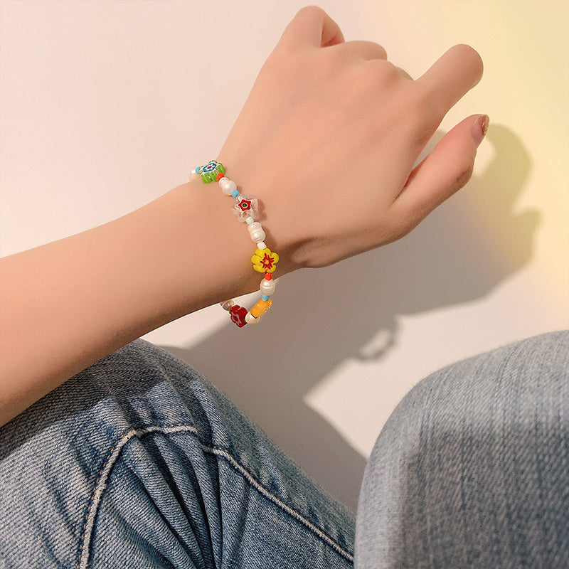 Women's Fashion Colorful Glass Flower Beaded Bracelet
