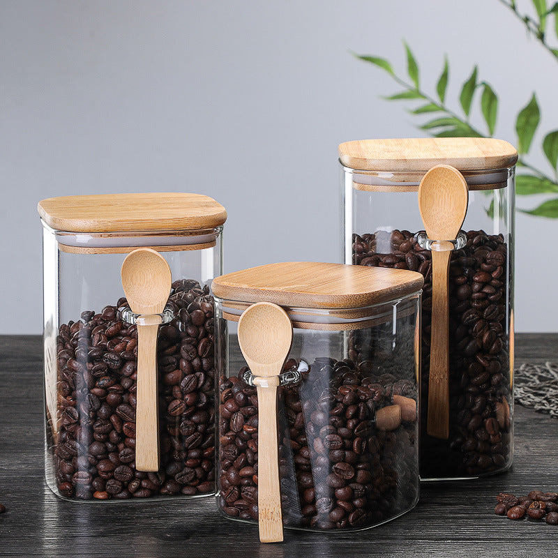 Square Glass Sealed Storage Jar With Wooden Spoon Seasoning