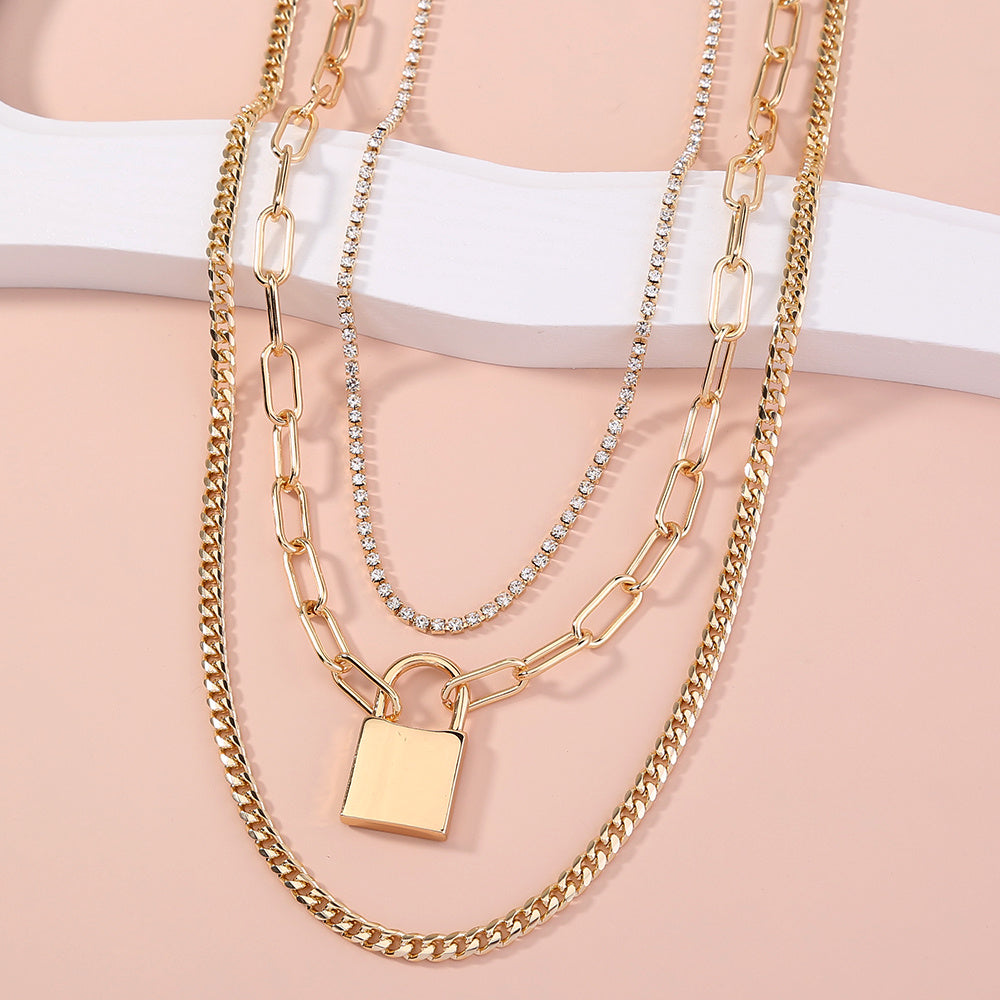 European and American cross-border jewelry Fashion street style lattice chain lock necklace gift rhinestone claw chain multi-layer chain