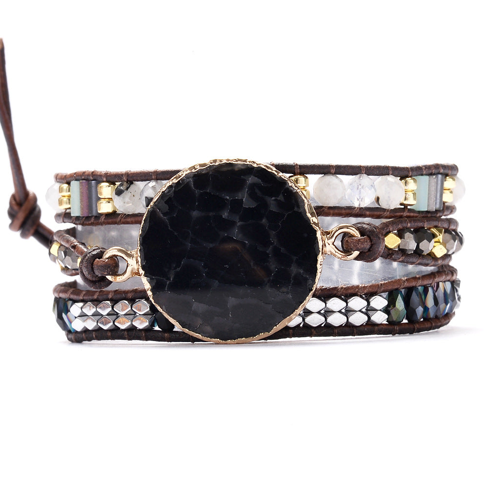 Faceted Natural Crystal Stone Three-layer Ladies Fashion Bracelet Handmade Beaded Crystal Leather Cord Bracelet