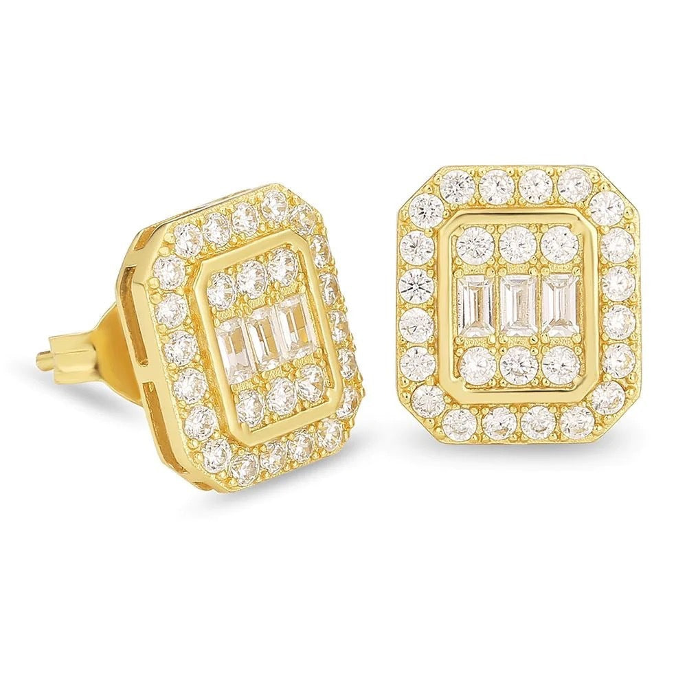 Full-Crystal Hip-Hop Stud Earrings For Men Rectangular Style, Western Design