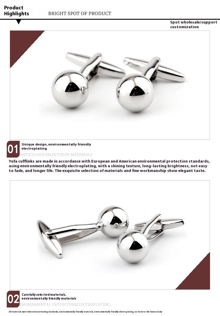 Boutons de manchette en métal en forme de boule en acier argenté pour chemise française pour homme