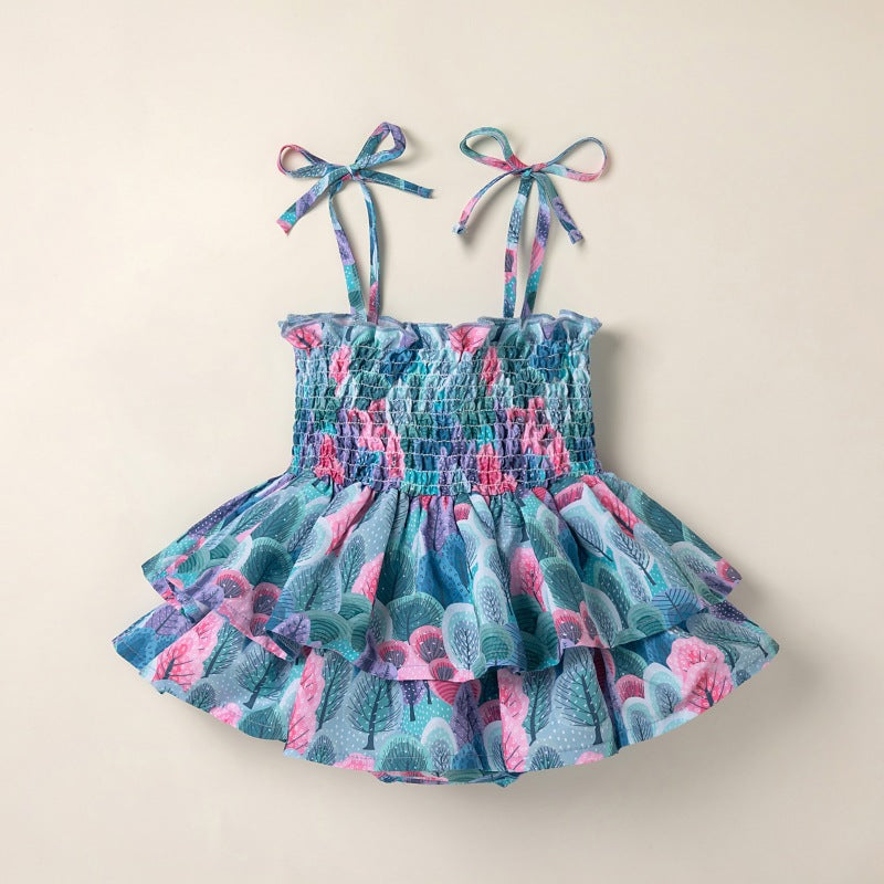 Girls' Small Floral Flounce Sling Triangle Jumpsuit