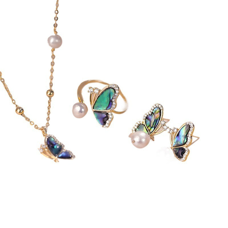 Abalone Shell Butterfly Necklace Ear Stud Ring Suit