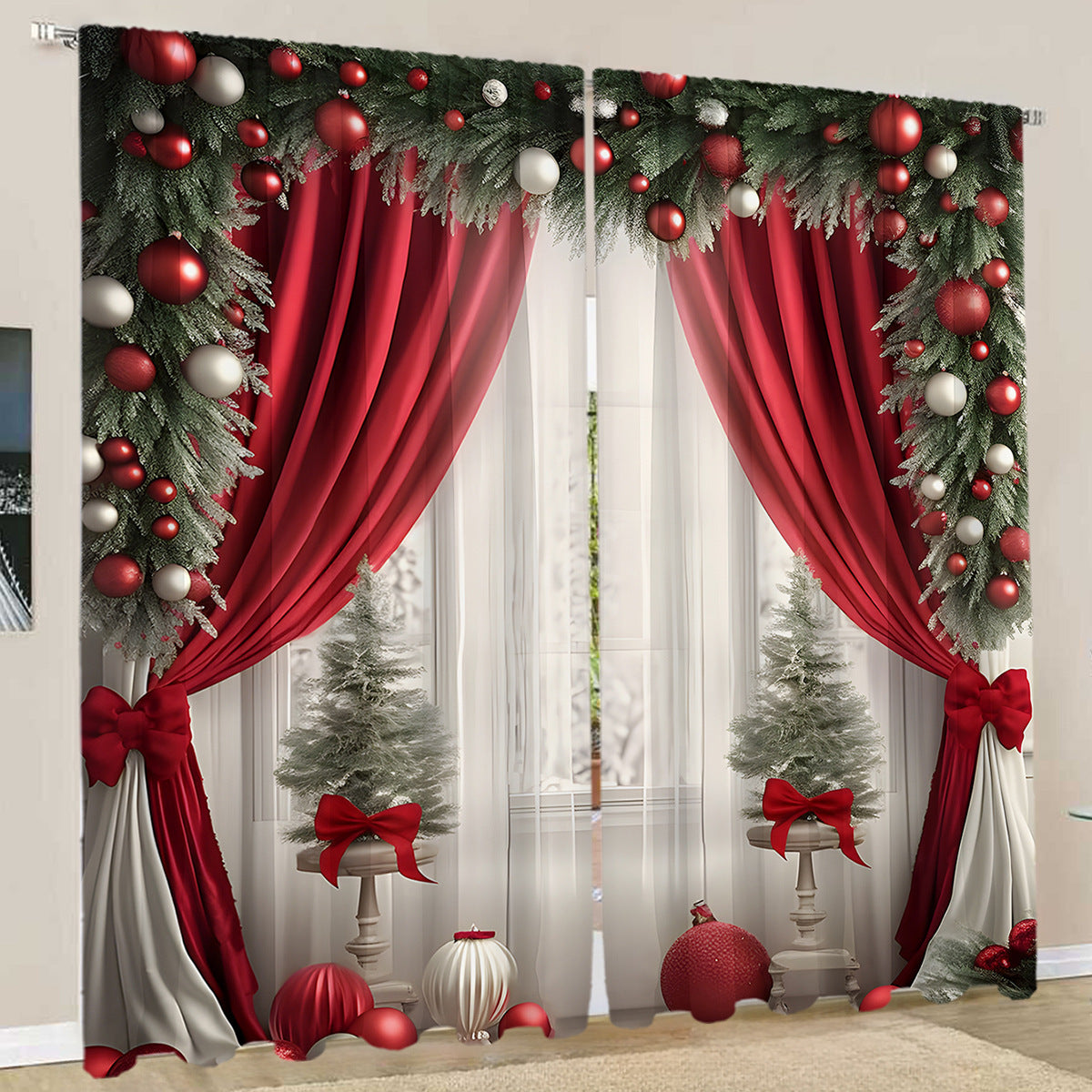 2PCs European Curtain Christmas Series Curtain Factory Generation 3D Digital Printing