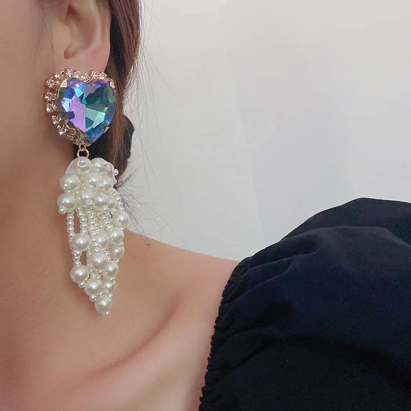 Diamond Crystal Pearl Fringe Exaggerated Earrings