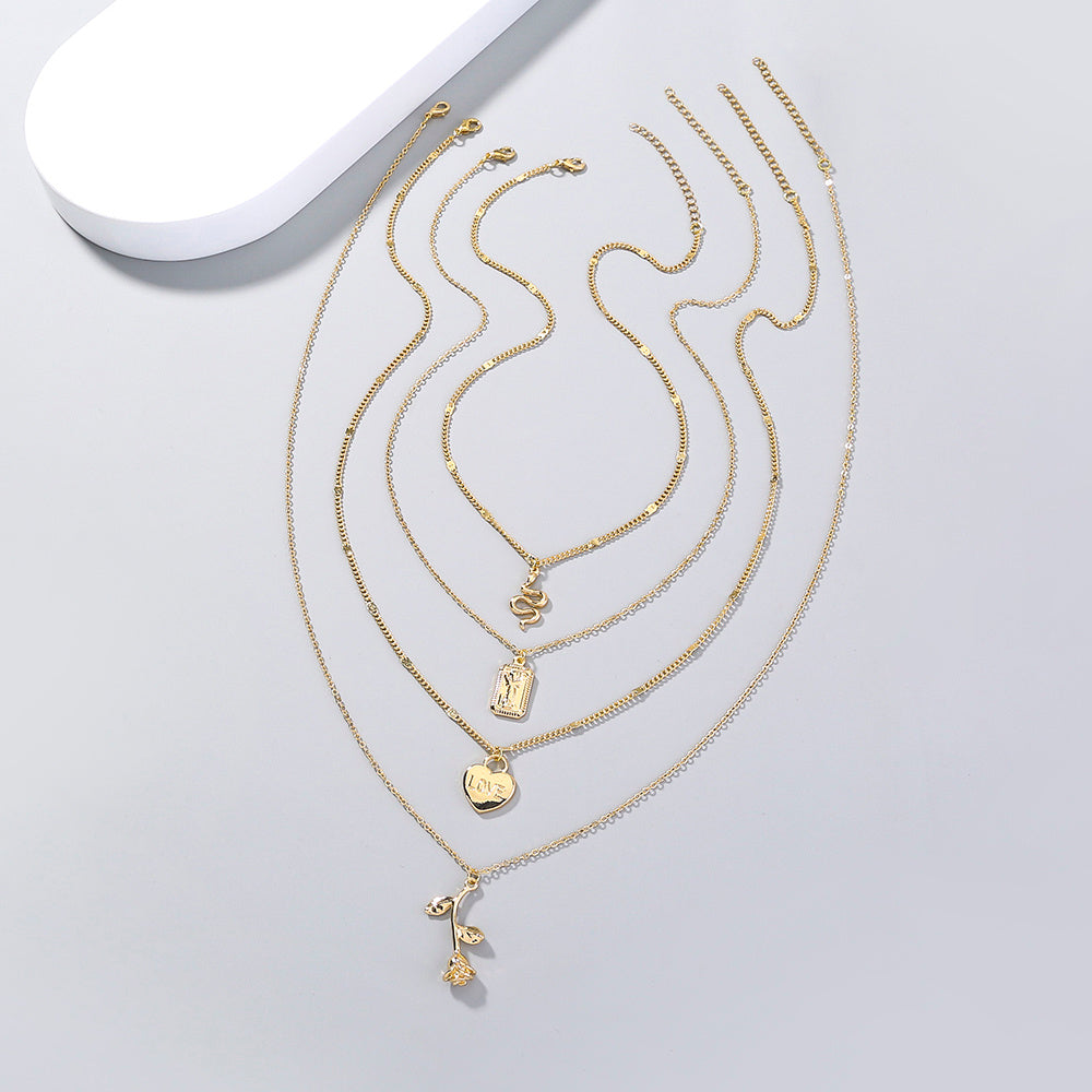 Creative multi-element rose pendant multi-layer necklace