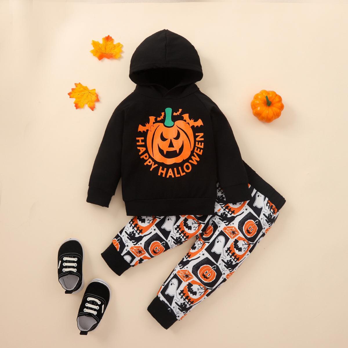 Boys Fashion Pumpkin Letters Printed Hooded Sweatshirt Pants Set
