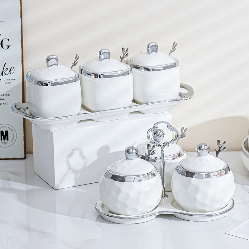 Silver Edged Ceramic Seasoning Jar Box Seasoning Bottle
