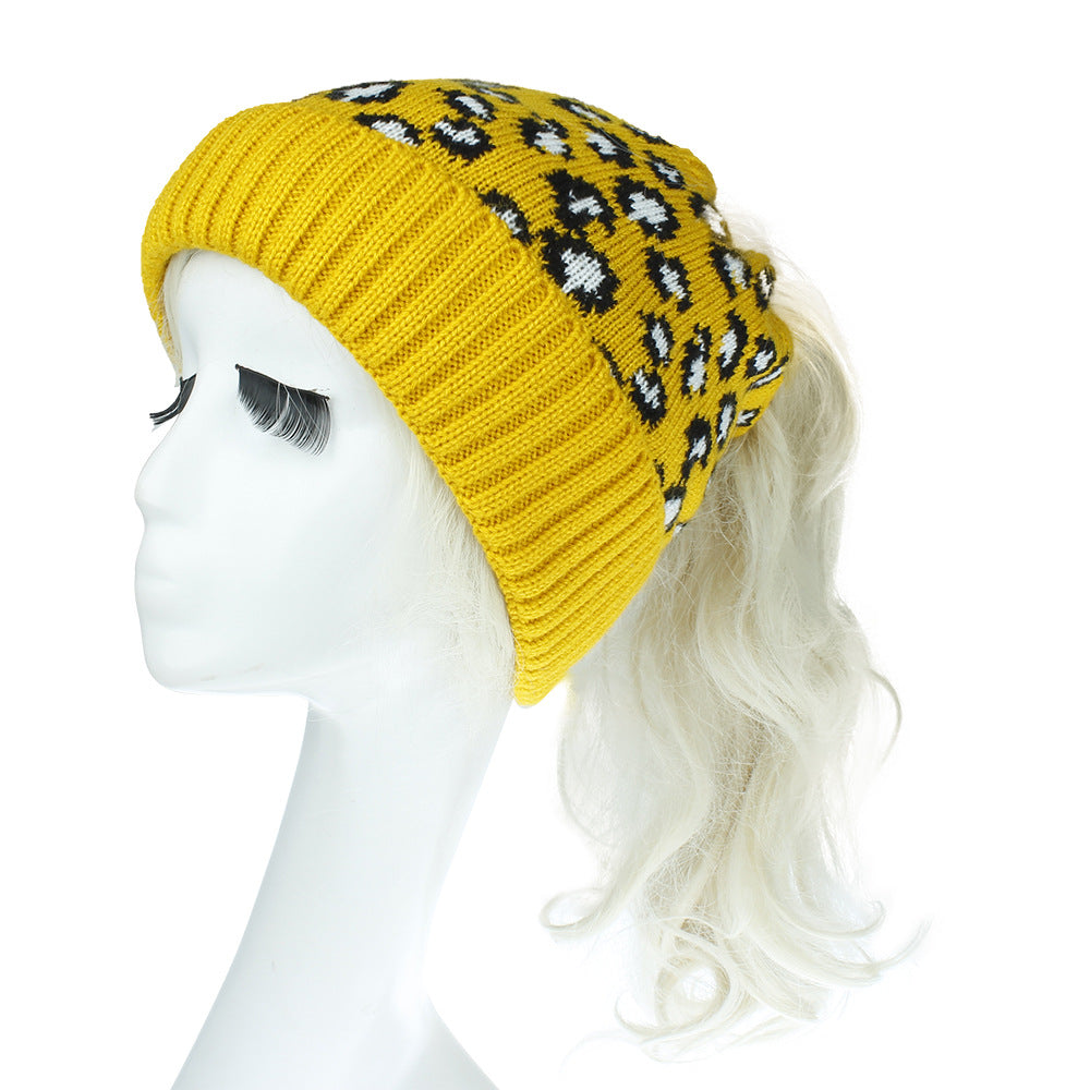 Warm And Fashionable Outdoor Leopard Print Knitted Ponytail Hat