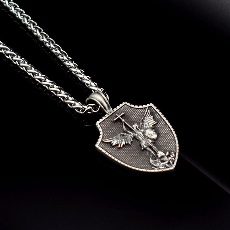 Vintage Titanium Men's Pendant Necklace Stainless Steel Shield