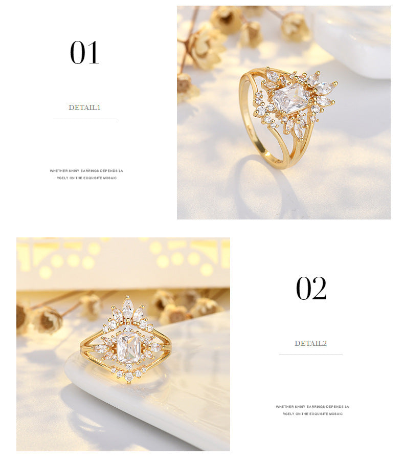 Light Luxury Zircon Water Drops Square Geometric Sterling Silver Ring Fashion Special-interest