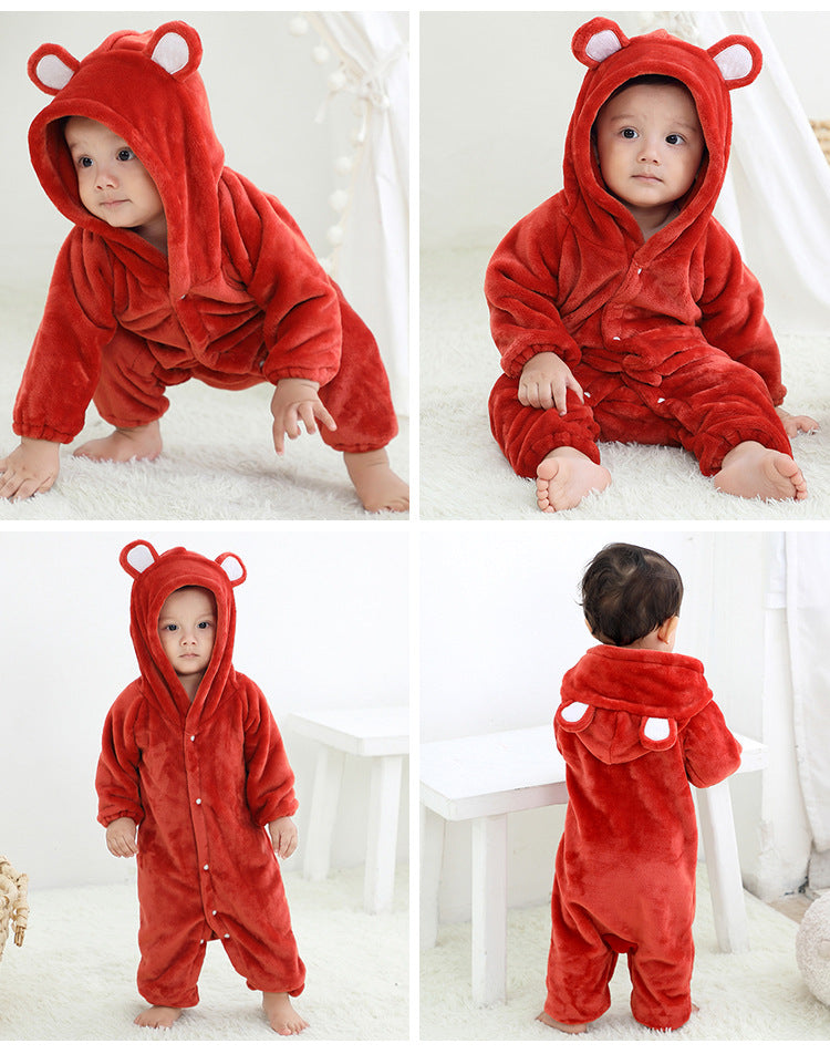 Flannel Romper Child Bear Jumpsuit Hooded Single-breasted Romper