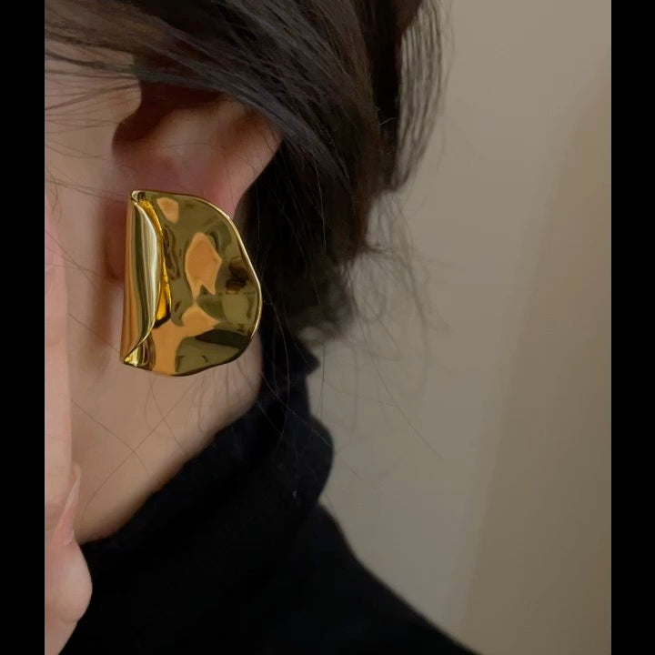 Brass Pleated Earrings European And American Big Ear Stud Women