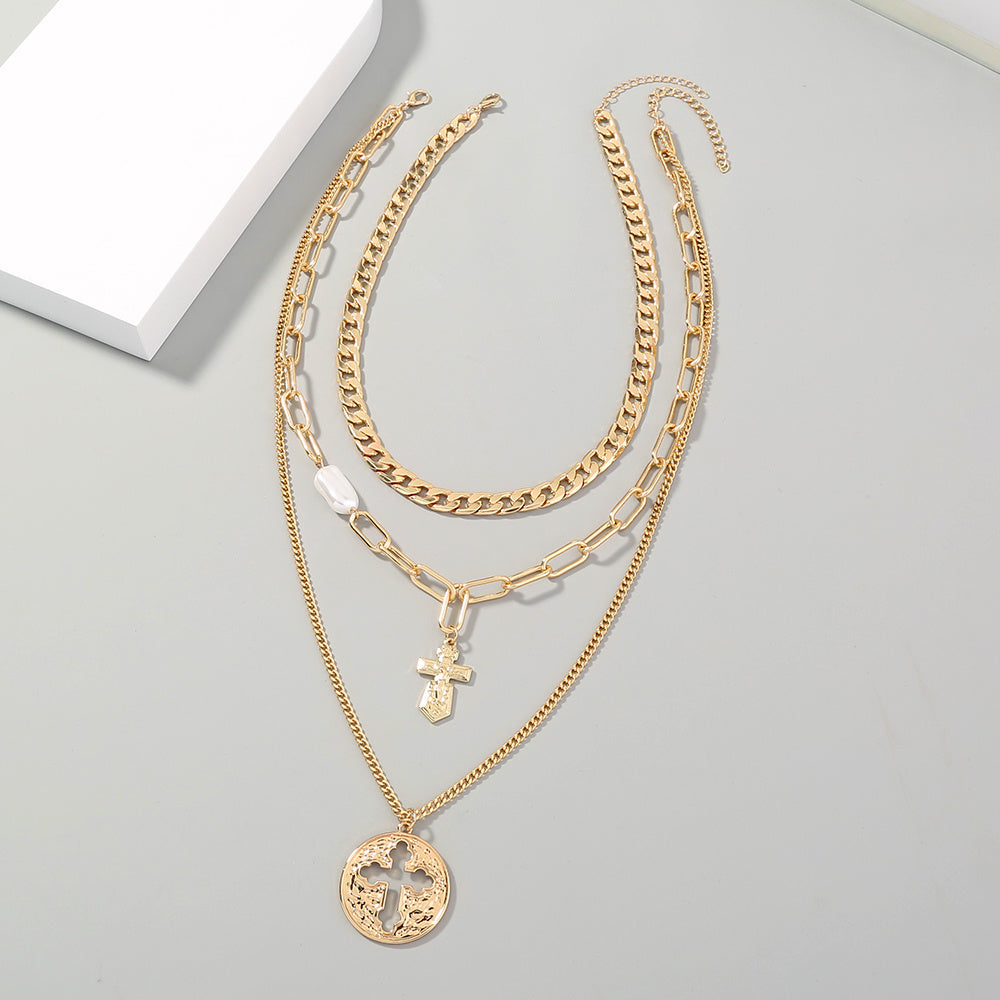 European and American lattice chain multi-element cross necklace can be detached and layered to wear creative design trendy necklace