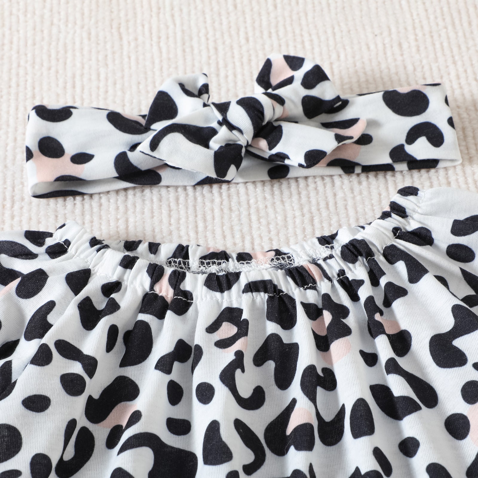 Girls' Leopard Print Color Matching Jumpsuit Dress And Pants Headband