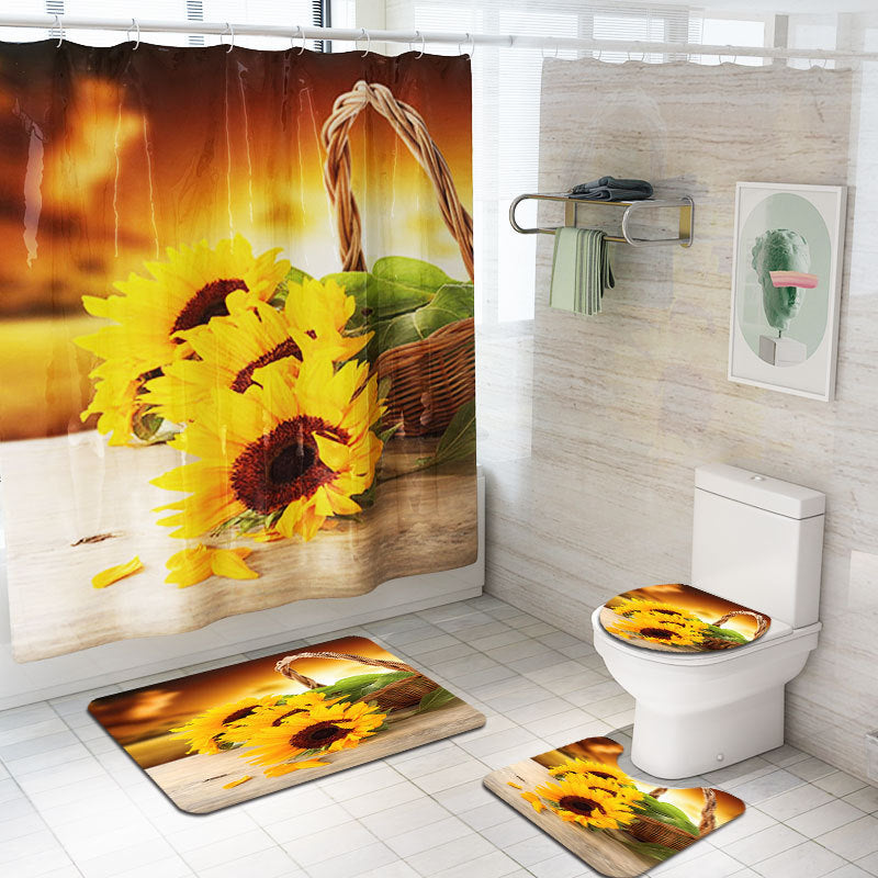 Sunflower Printed Shower Curtain Floor Mat Four-Piece Set