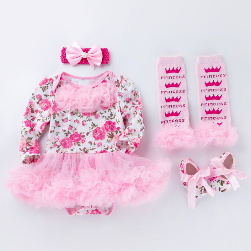 Newborn Cotton Rose Pink Birthday Romper Princess Dress Four Piece Suit