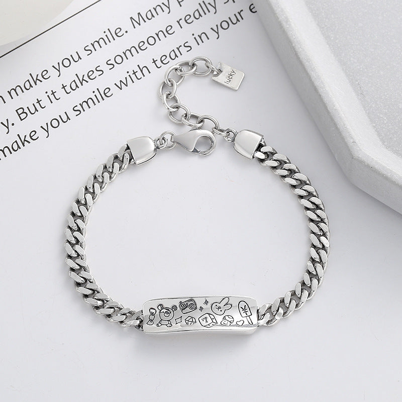S925 Sterling Silver Graffiti Pattern Rabbit Bear Bracelet