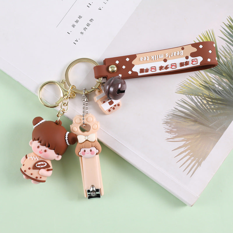 Crystal Milk Tea Cup Leather Rope Key Chain Ring Cartoon Hair Ball