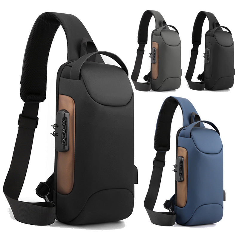 Sac de poitrine à bandoulière unique pour homme en cuir, avec chargement USB