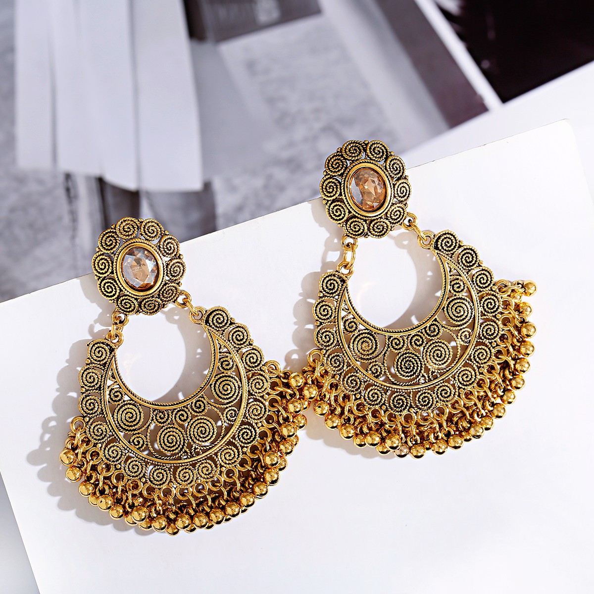 Fan-shaped Retro Ethnic Style Earrings Tassel Hollow
