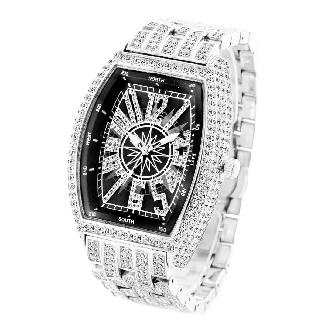 Montre pour hommes à grand cadran, entièrement incrustée de diamants, en forme de seau