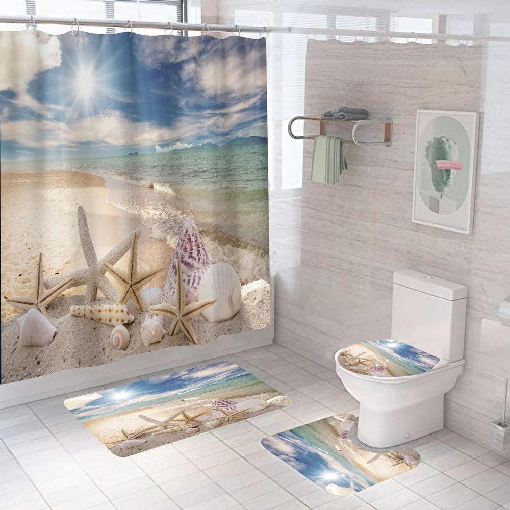 Beach Shell Printed Shower Curtain Carpet Bathroom Mat Four Piece Set
